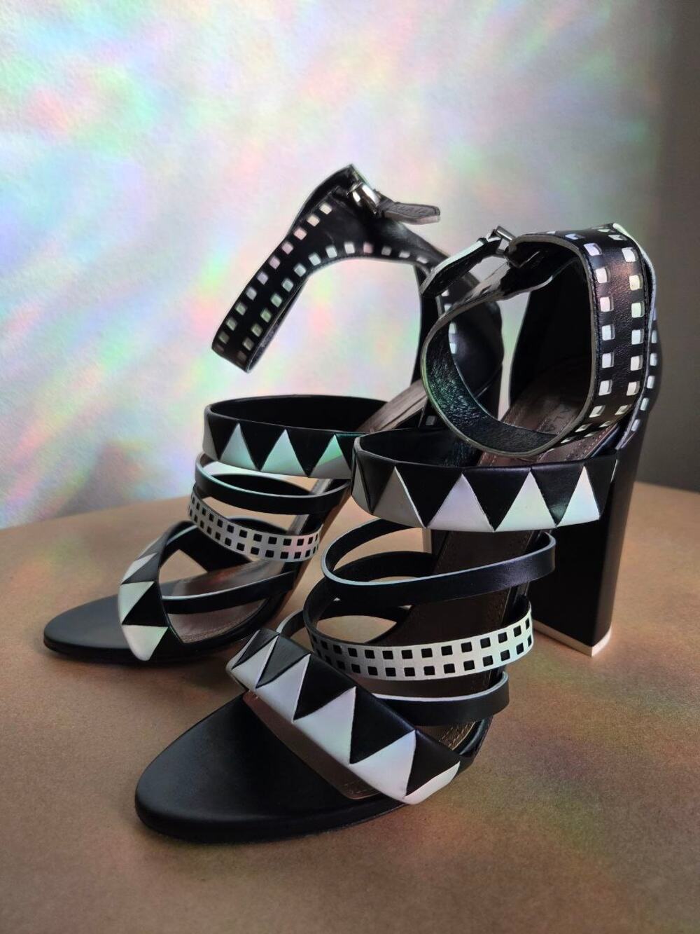 Alaia Paris Leather Block Heel Sandals EU 40 Black White Geo Strappy Italy
